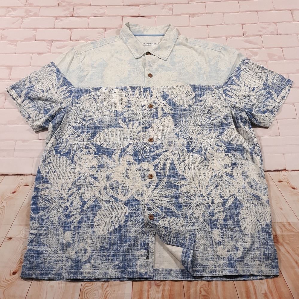 Tommy Bahama Hawaiian Shirt Mens XL Island Zone Silk Blend Tropical Floral Blue